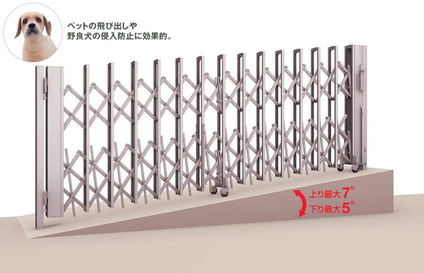 日本初！ ペットガード付き 傾斜用伸縮門扉 ニューハピネスHG傾斜ペットガードタイプ 四国化成工業より新発売　