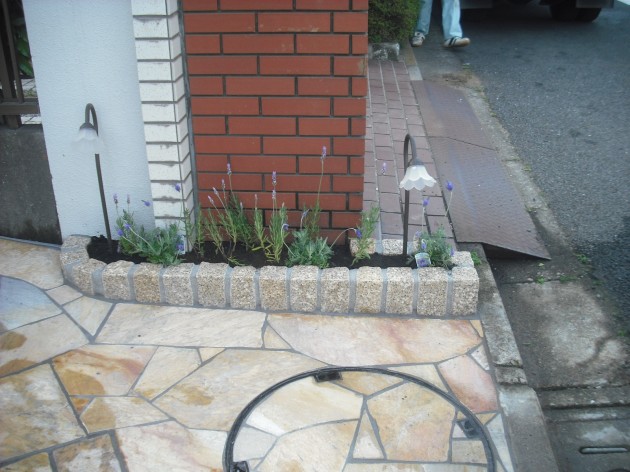 道路から入るアプローチ脇にはラベンダーの花壇。門壁の石張りの重厚感と、可愛らしいガーデンパスライトの組み合わせは近所でも評判です。