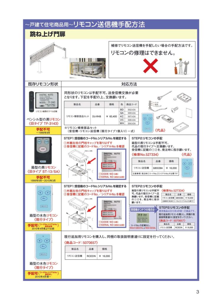 跳ね上げ門扉（跳ね上げゲート）の修理・跳ね上げ門扉のリモコンの追加 