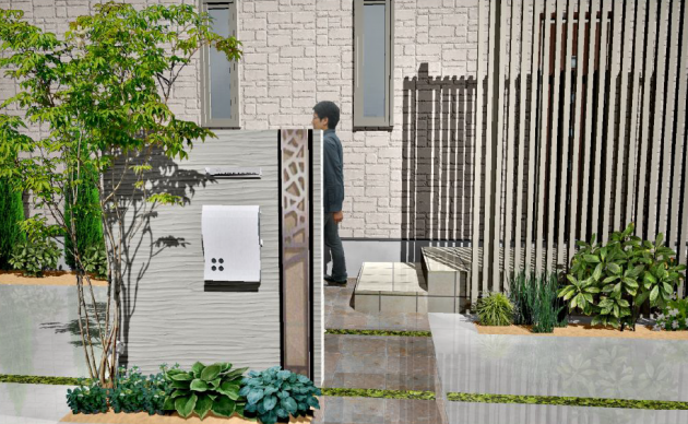 【門壁】 良く見かけるブロックの上に塗装をした門壁はそのままだと殺風景になりがちなので ステンレスのアクセサリーをかけてアクセントを入れています。 表札もアクセサリーと素材感を統一して、まとまりが出るようにしています。 門壁や目隠しフェンスの前にはグリーンを入れることによって、 調和のとりやすいエクステリアとなるようにしています。