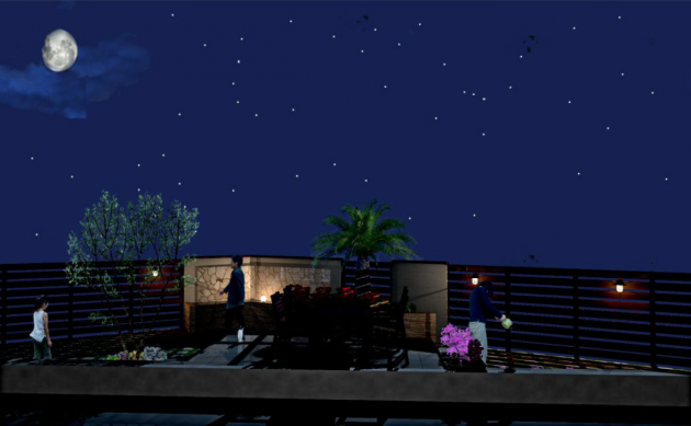 【リビングからの夜景風景】 フェンスには壁用のマリンライトを設置し、夜でもリビングからの風景を楽しめるように。
