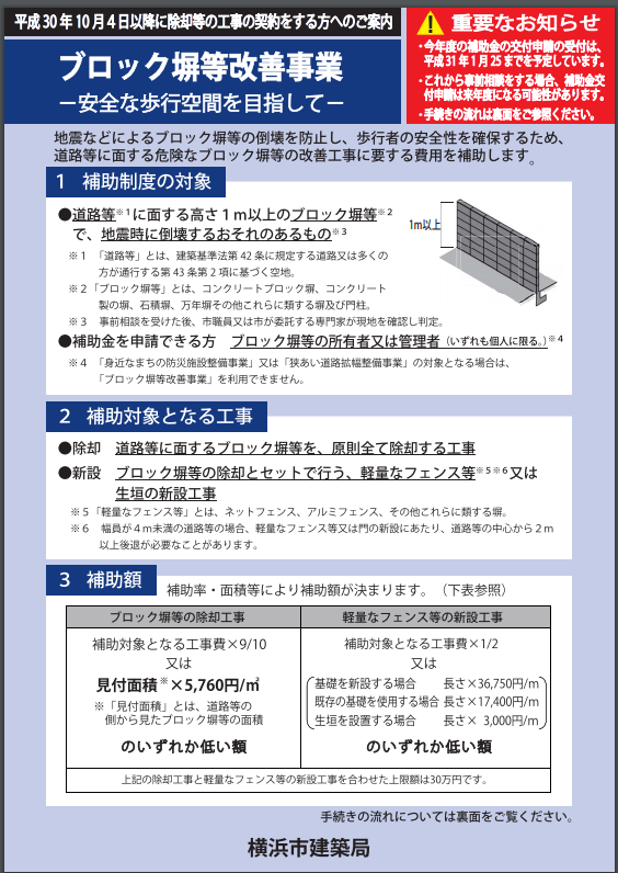 横浜市 ブロック塀等改善事業 補助金 助成金 申請はお早めに 横浜市のエクステリア 外構 Yamaso