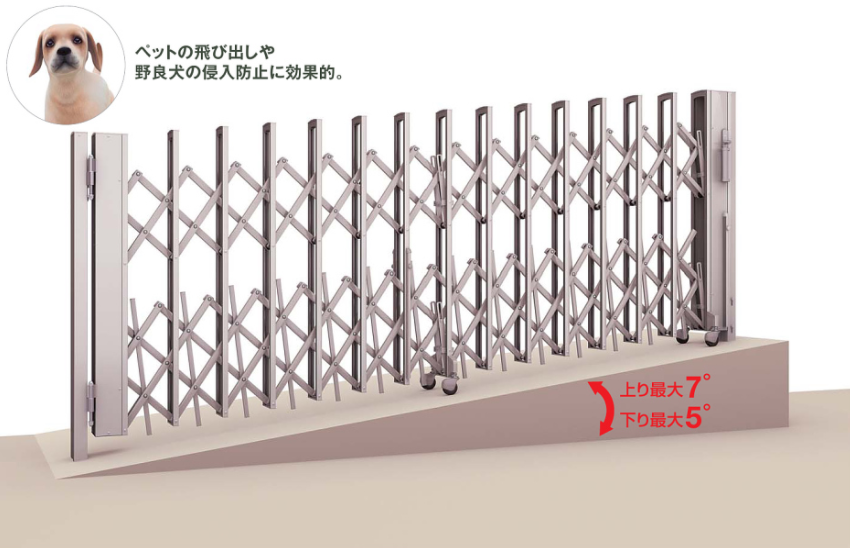 格安店 エクステリアストック伸縮門扉P型ペットガード 片開き 全幅3749mm×高さ1210mm ダブルキャスター式 隙間が狭く格子本数が多いのでペット の飛び出しを抑制